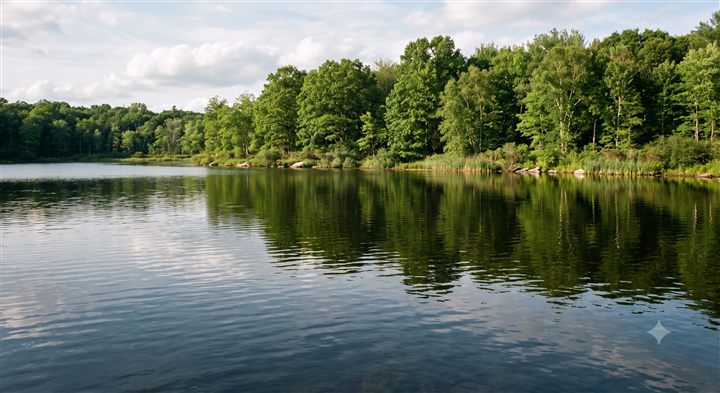 Willow Pond — still water against a wooded bank