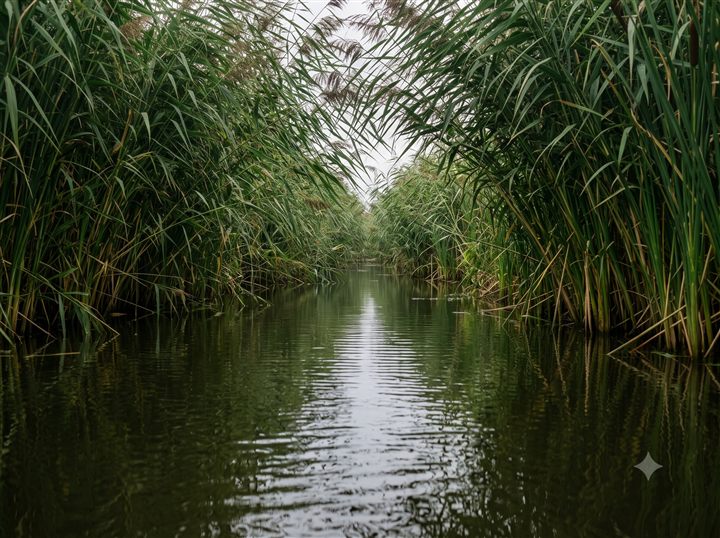 The Reed Cut — a narrow channel walled in by reeds